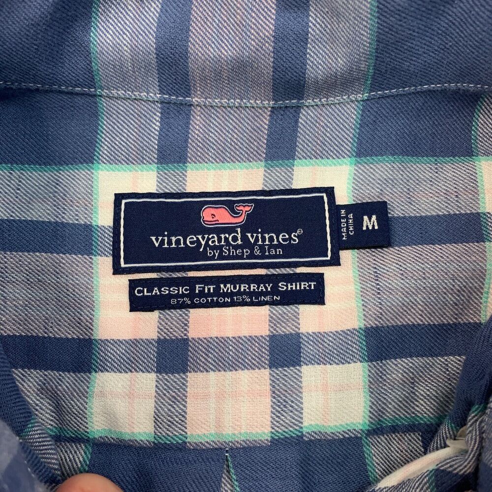 Vineyard Vines Shirt Mens Medium Blue White Classic Fit Murray Plaid Linen Blend - Picture 3 of 10